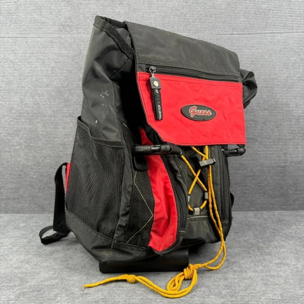 Vintage GUESS Backpack Red Black Nylon Hiking Rucksack School Bag 90s Y2K Gorp